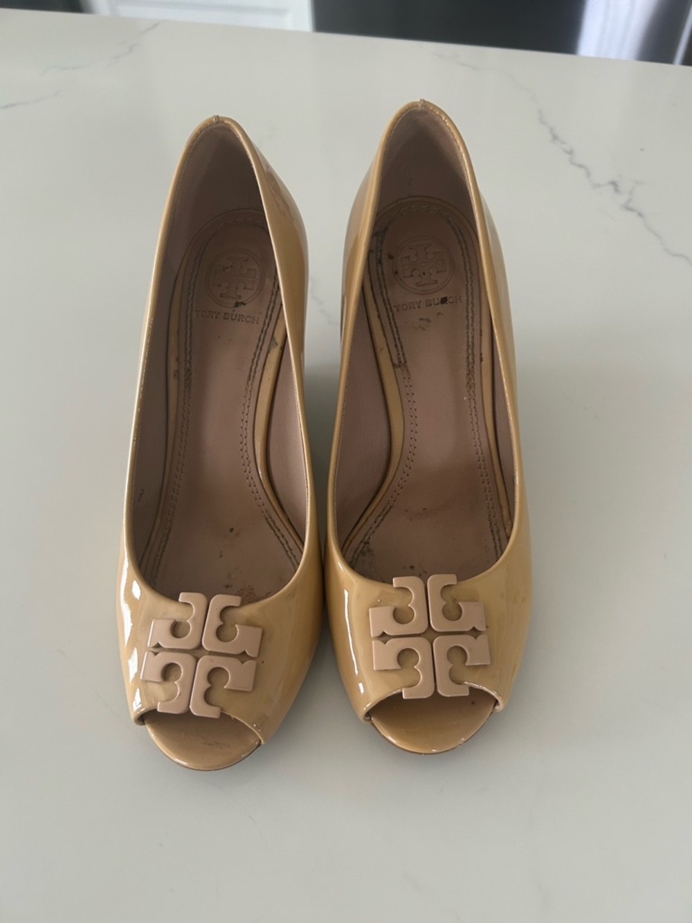Tory Burch Nude Patent Peep-Toe Heels with Logo Accent